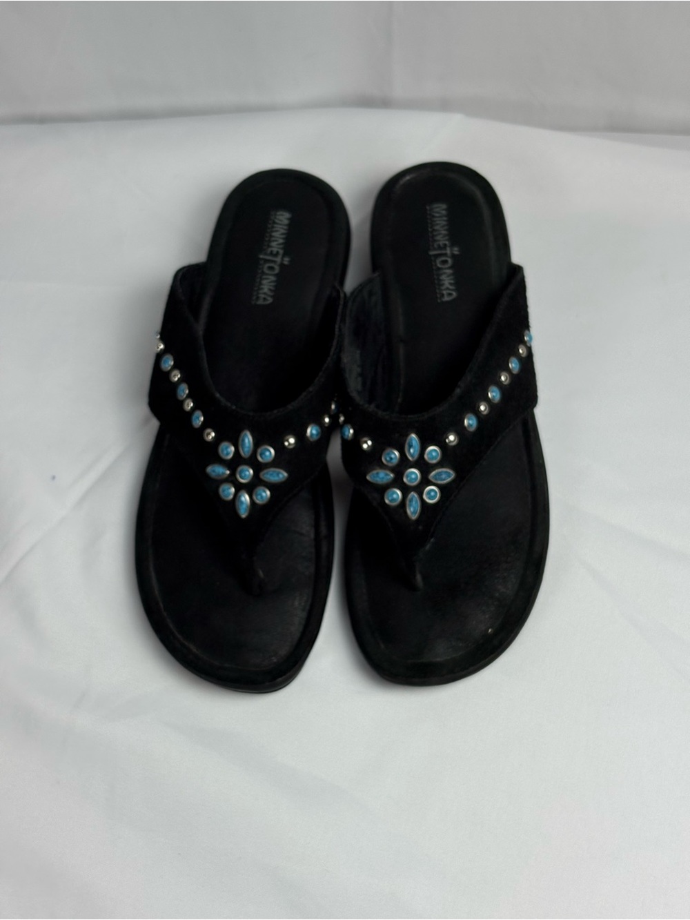 Minnetonka Black Sandal with Blue Bead Flower Accents